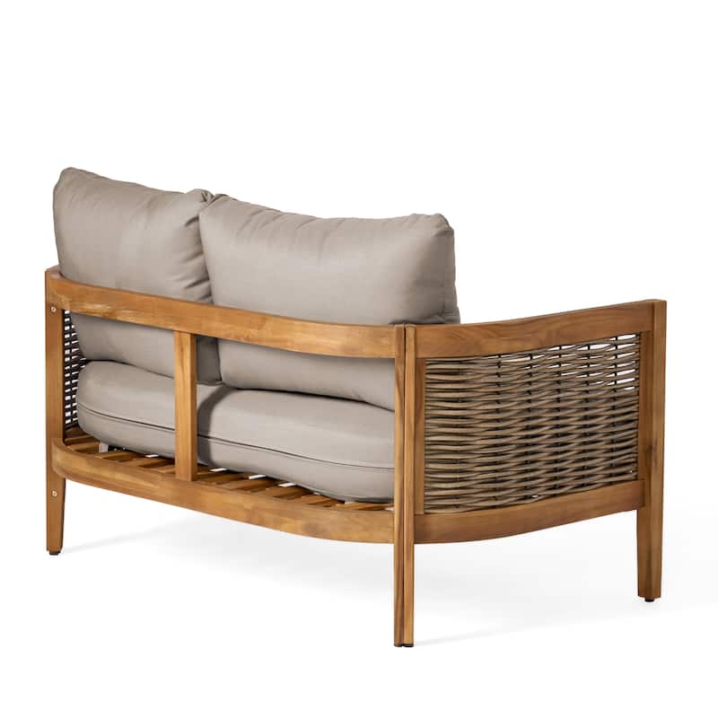 Burchett Outdoor Acacia Wood and Wicker 4 Seater Chat Set with Cushions by Christopher Knight Home
