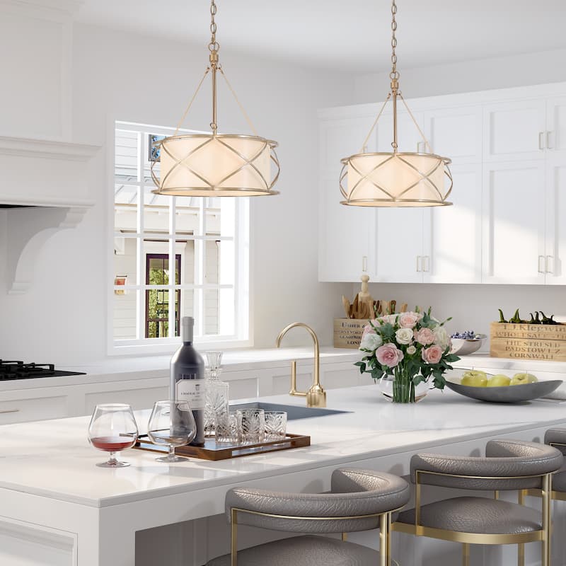 Transitional Drum Chandelier Fabric Cross Metal Ceiling Light 3-light for Dining Room - Rose Gold - D15.5"x H 19"