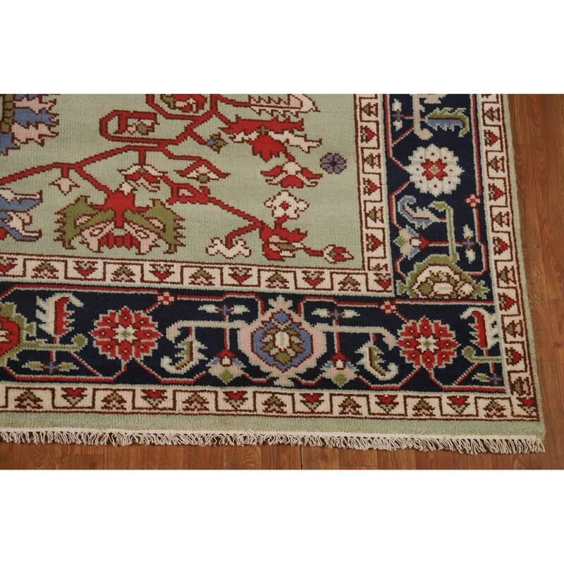 Hand Knotted Oriental 100% Wool Carpet Traditional Geometric Green Heriz (serapi) Area Rug - 9' 9'' X 7' 11''