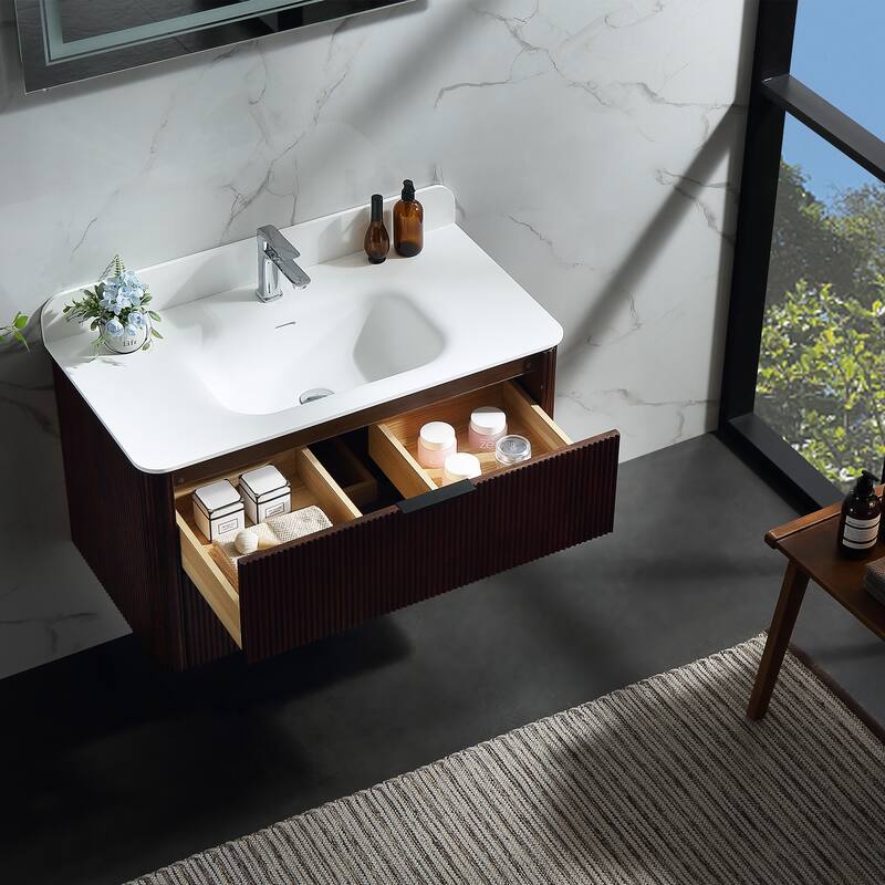 Modland Fluted Floating Vanity with Sink, Plywood Wall Mount Cabinet, Curved Edge, 24/30/36 Inch