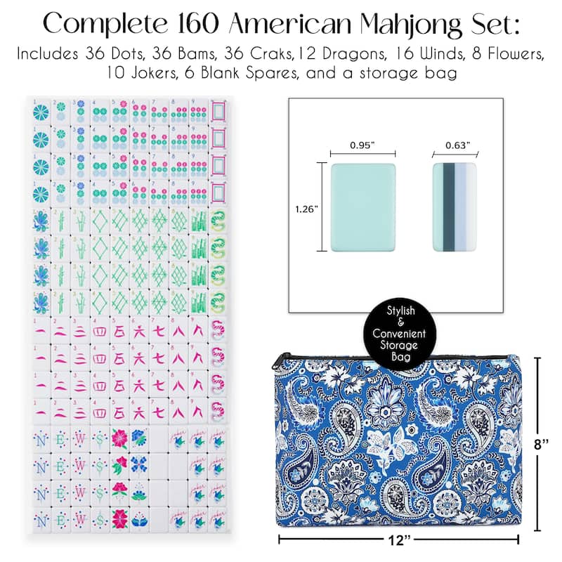 Sweet Jojo Designs American Mahjong Tile Set (160pc) 1.25in. Layered Acrylic with Paisley Travel Bag Beautiful Luxury Mint Green
