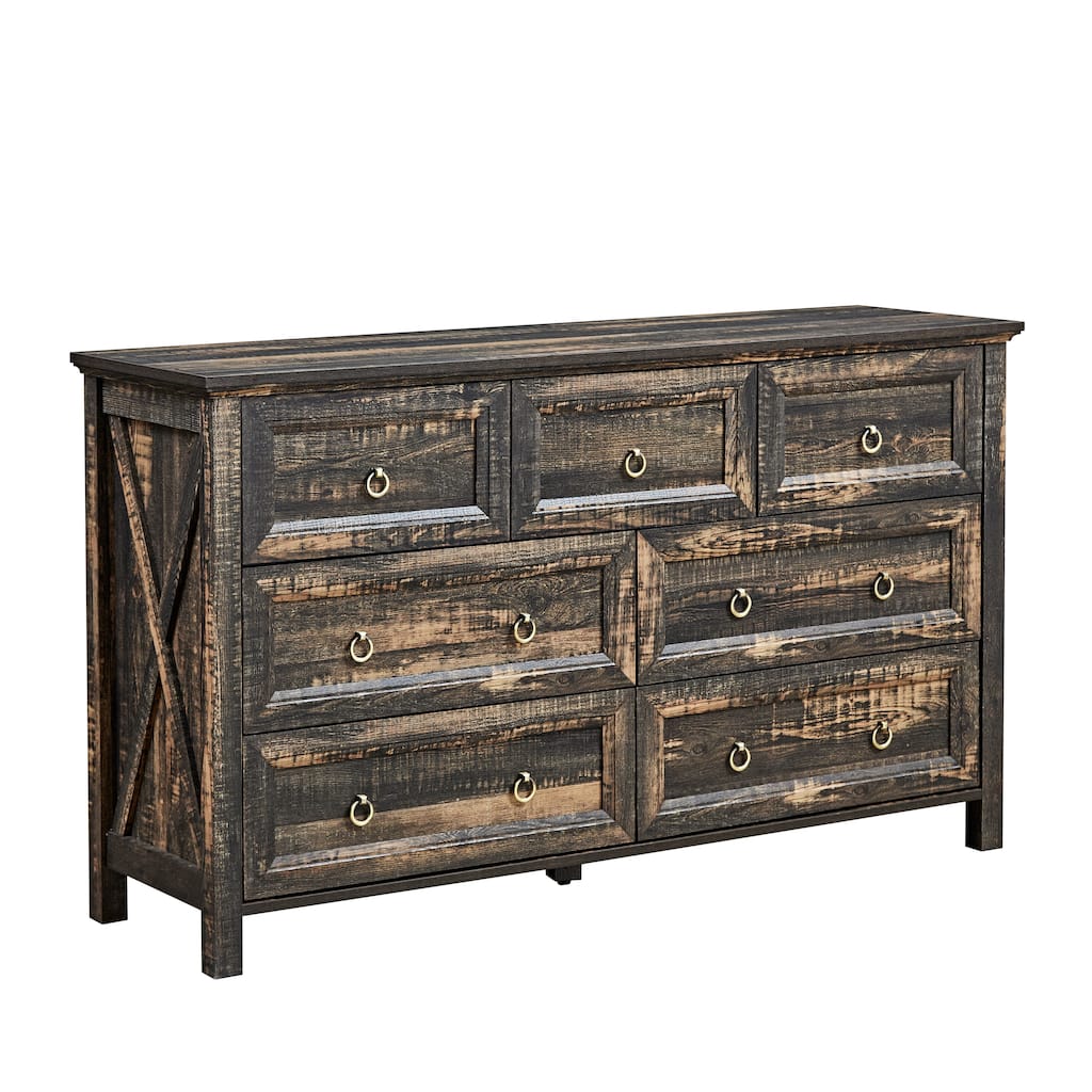 Farmhouse Style 7-Drawer Horizontal Dresser with Rustic Wood Wide Finish and Metal Ring Handle