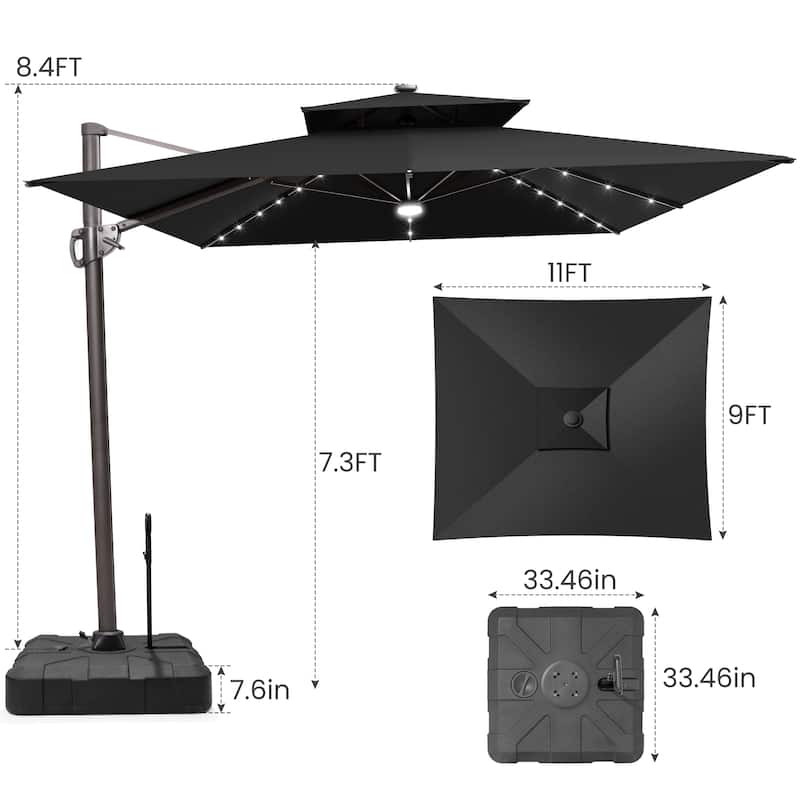 9 x 11 FT Outdoor Rectangular Solar LED Lights Double Top Patio Cantilever Offset Umbrella and Base with Wheels and Drag Rod