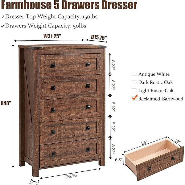 dimension image slide 3 of 6, 48" Tall Farmhouse 5 Drawer Wood Dresser, Chest of Drawers for Bedroom