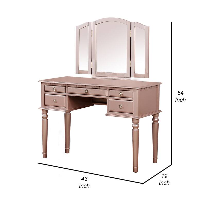 Vanity Set with Turned Tapered Legs and Three Piece Mirror, Rose Gold