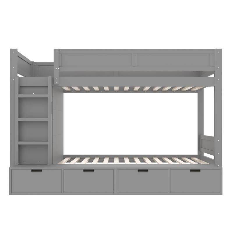 Twin Over Twin/Twin XL Over Full Bunk Bed Solid Wood Storage Bedframe with Built-in Wardrobe, 4 Under Drawers and Guardrails