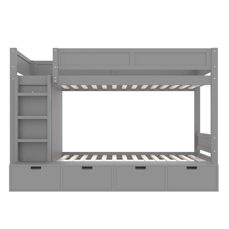 Twin over Twin Bunk Bed with 4 Drawers & Wardrobe - Solid Wood, Full-Length Guardrails, No Box Spring