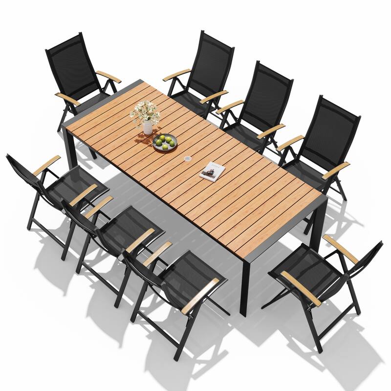 9-Piece Outdoor Patio Dining Set Wood Like Table Top Aluminum Rectangular Umbrella Hole Table with Folding Armrest Chairs