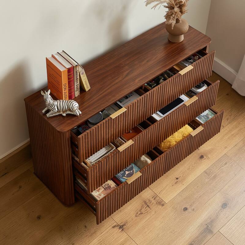Modern 6 Drawer Dresser with Wave Front Design, Wide Storage Chest and TV Stand, 55" Wooden Organizer Cabinet