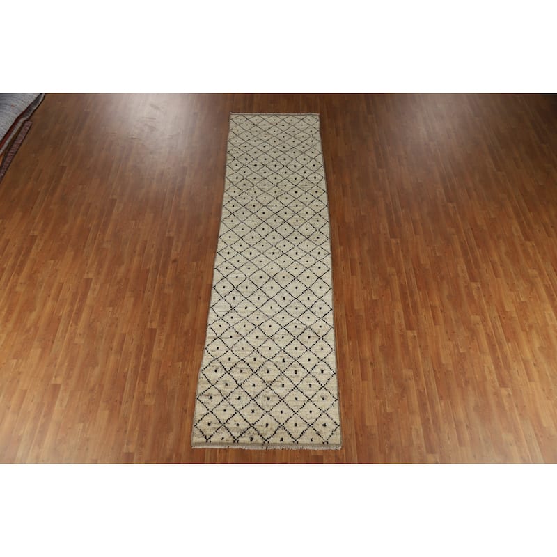 Trellis Beige Moroccan Oriental Runner Rug Hand-Knotted Wool Carpet - 3'6" x 12'10"
