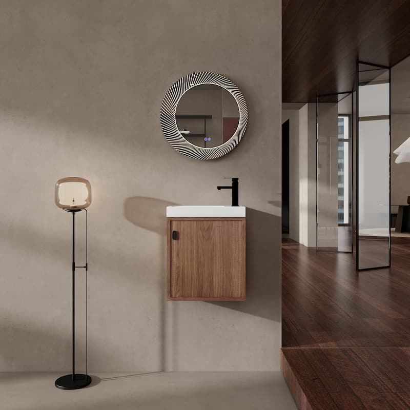 18.5 Inch Wall-Mounted Vanity with Resin Sink and Soft-Close Door, MDF - Natural Walnut