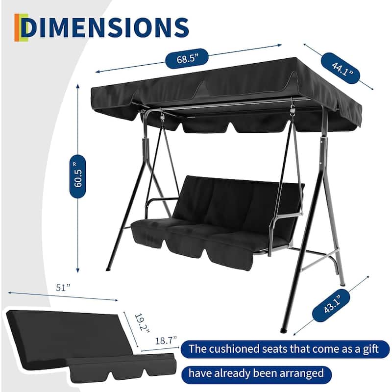 3 Seater Outdoor Swing Chair With Adjustable Canopy for Porch