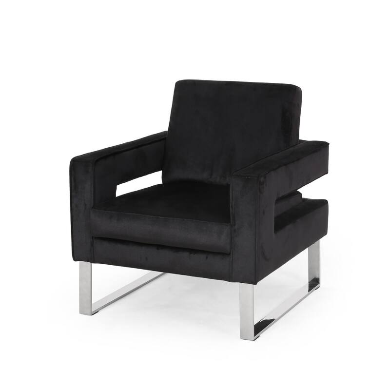 Club Armchair, Black Velvet Upholstery, Modern Stainless Steel Legs