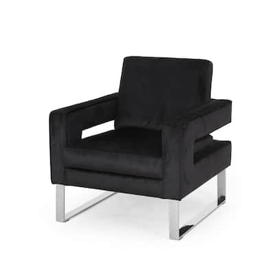Club Armchair, Black Velvet Upholstery, Modern Stainless Steel Legs