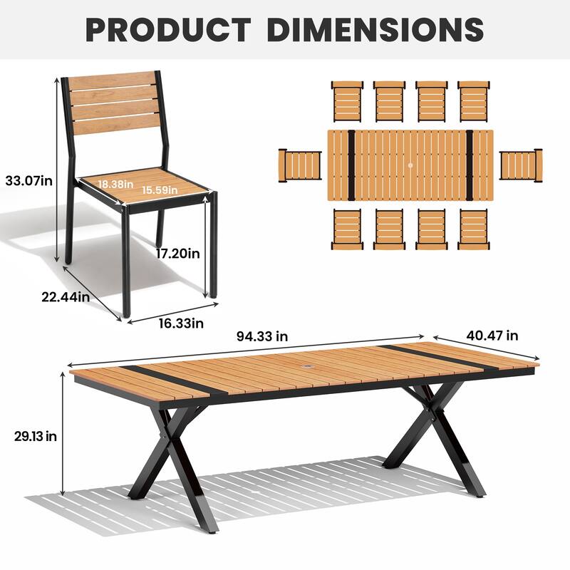 Outdoor Aluminum Dining Table Set Rectangular Table with Umbrella Hole and Stackable Chairs