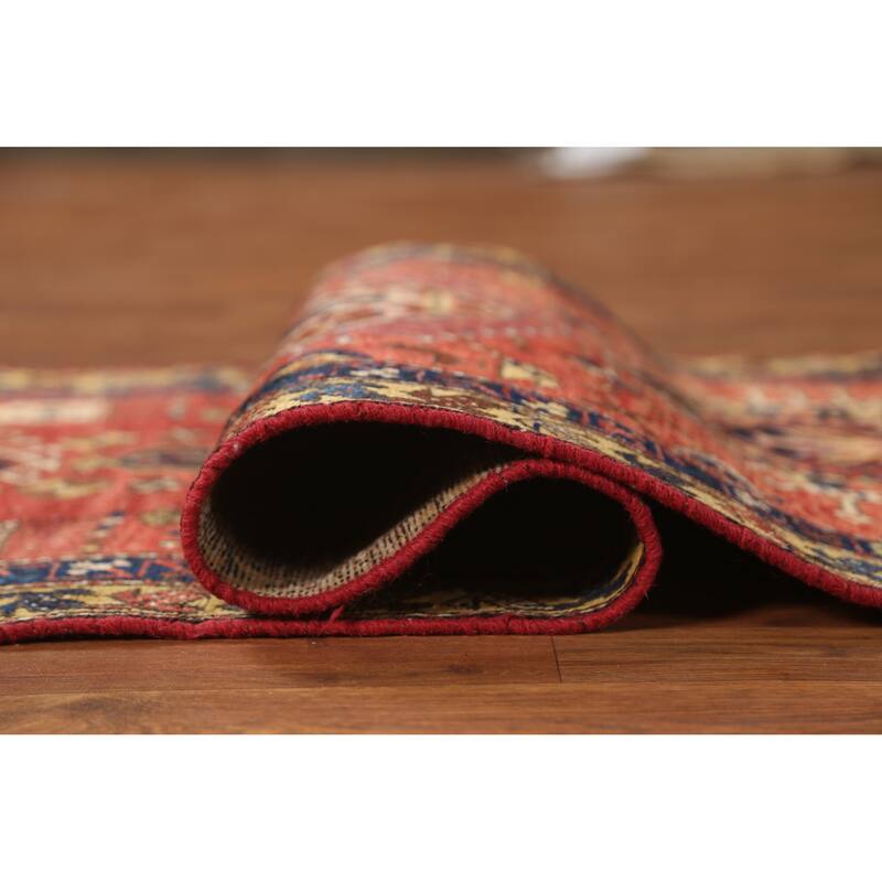 Hand Knotted Oriental 100% Wool Carpet Traditional Geometric Oranges & Rust Heriz Runner Rug - 10' 4'' X 2' 7''