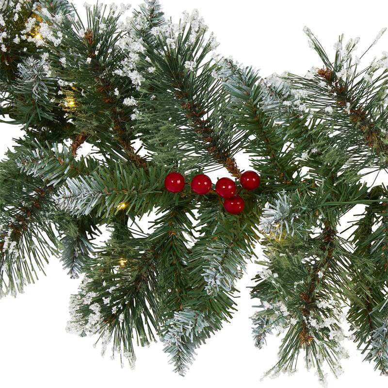 9' x 7" Frosted Swiss Pine Berries Artificial Christmas Garland Clear Led Lights