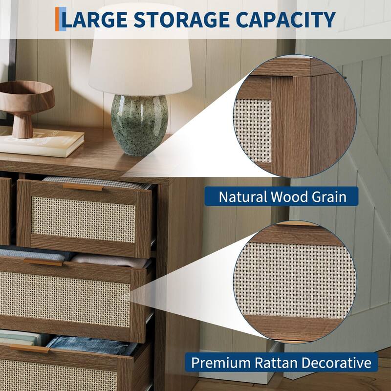 6/7-Drawer Dresser for Bedroom, Rattan Dresser Modern Wood Chest with Metal Handles