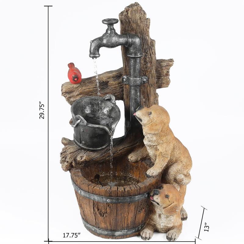 Resin Puppies and Water Faucet Outdoor Fountain with LED Light