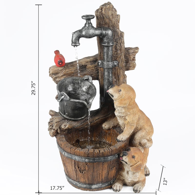 Resin Puppies and Water Faucet Outdoor Fountain with LED Light