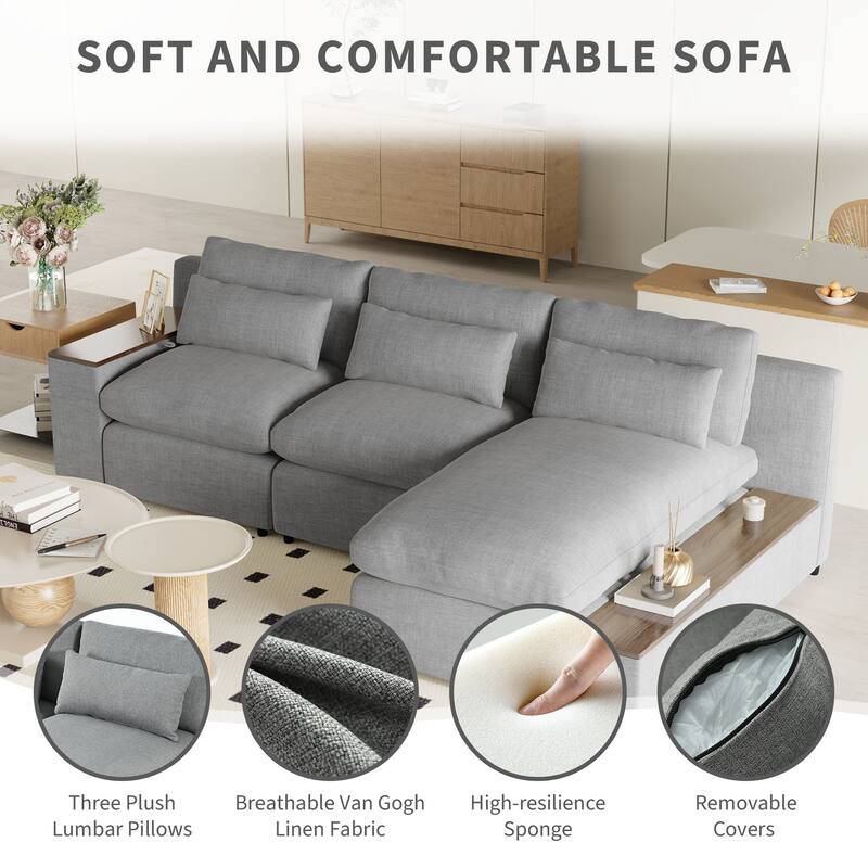 109.8'' L-Shaped 3 Seater Modular Sectional Sofa with 3-Pillow, Removable Back Cushions and 2 Storage Compartments