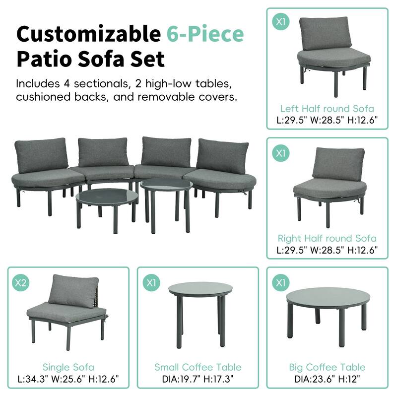 6/8-Piece Half Moon PE Wicker Patio Sectional Set with Dual Coffee Tables