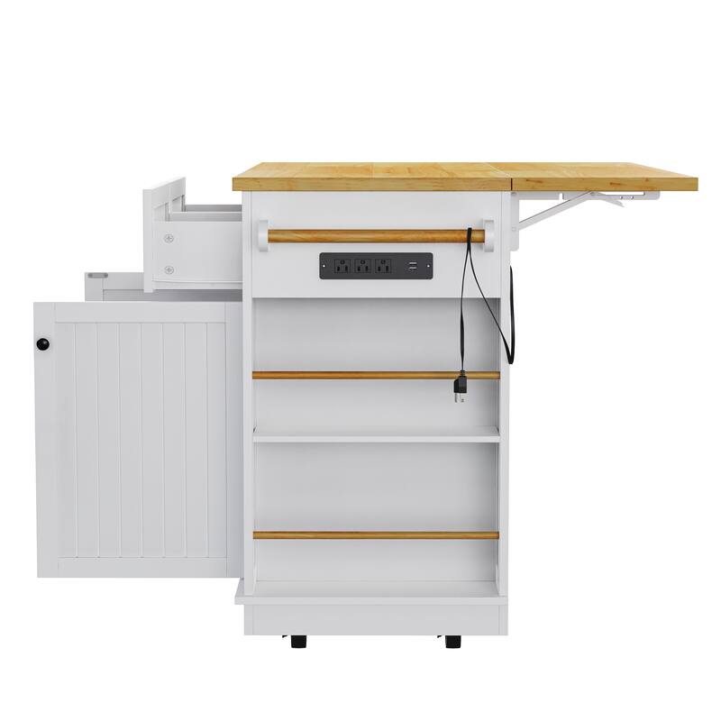 Large Rolling Kitchen Island with Open Side Racks, Wood Spice Storage Cabinet wDrop Leaf, Power Outlet and Internal Storage Rack