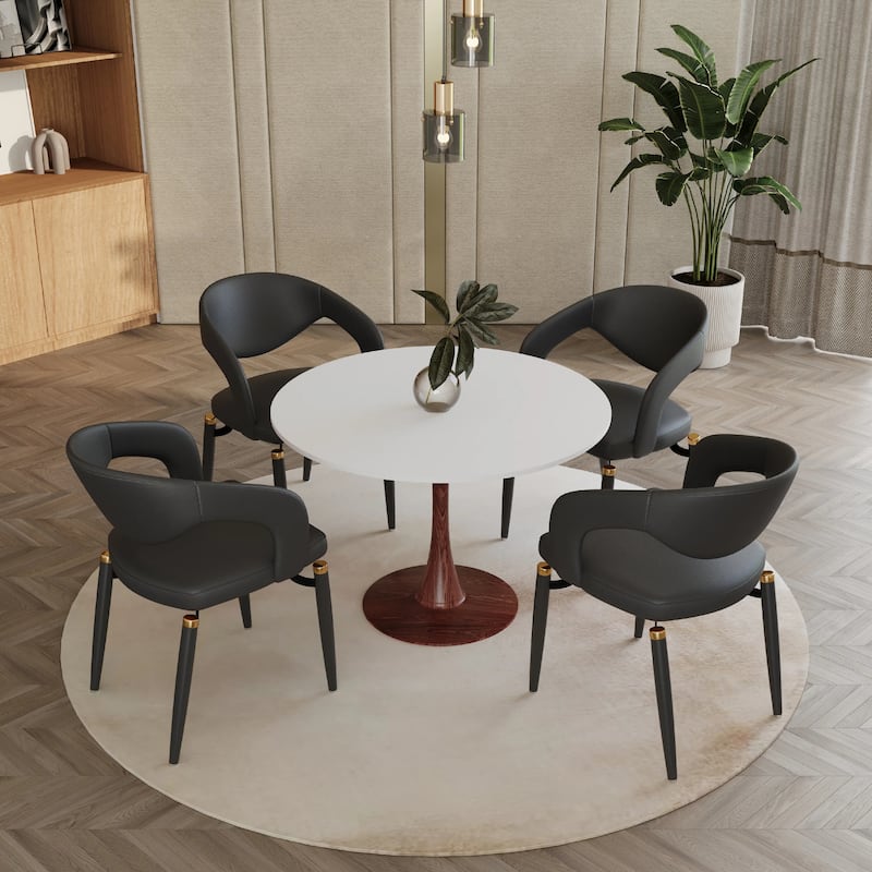 Bristol 35" Round Dining Table with MDF Top and Walnut Steel Pedestal Base for Modern Kitchen and Dining Room