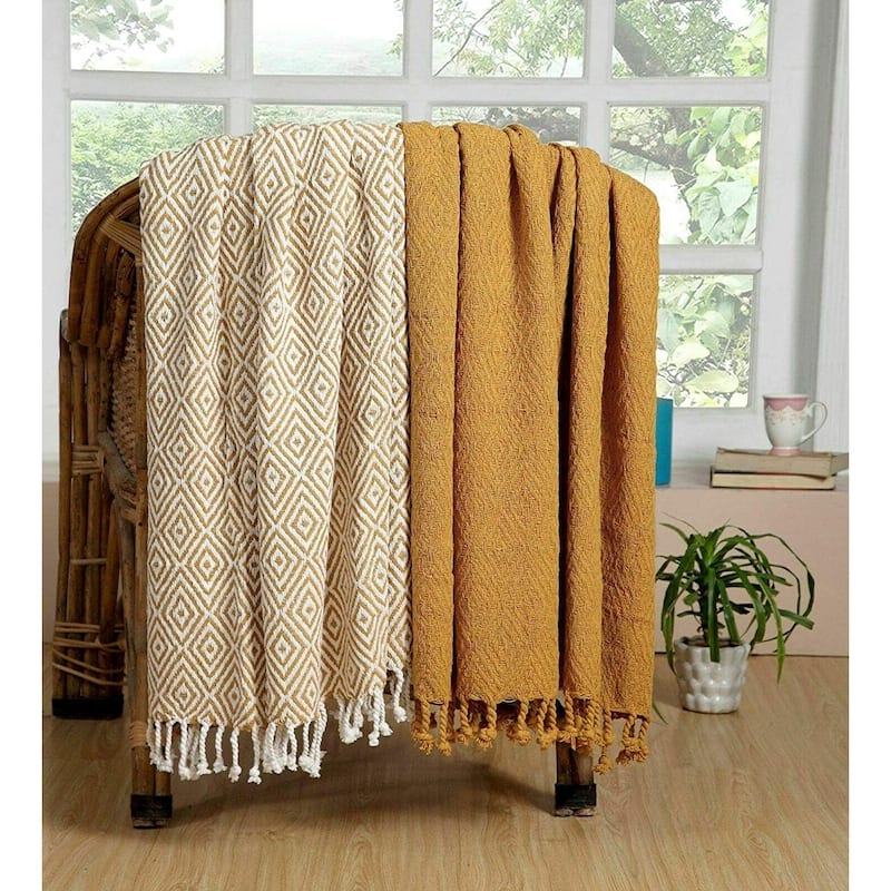 Hand-Woven Cotton Throw Blanket - All-Season Set of 2 (60x50 inches) - Diamond Mustard