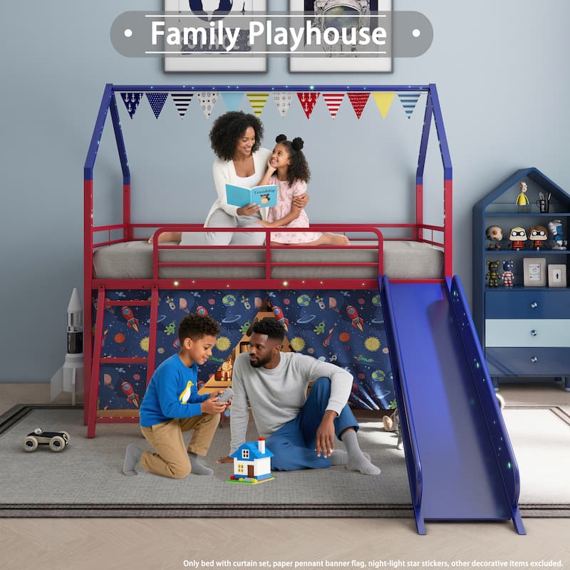 Superhero Themed Twin Loft Bed with Slide and Safety Features for Kids