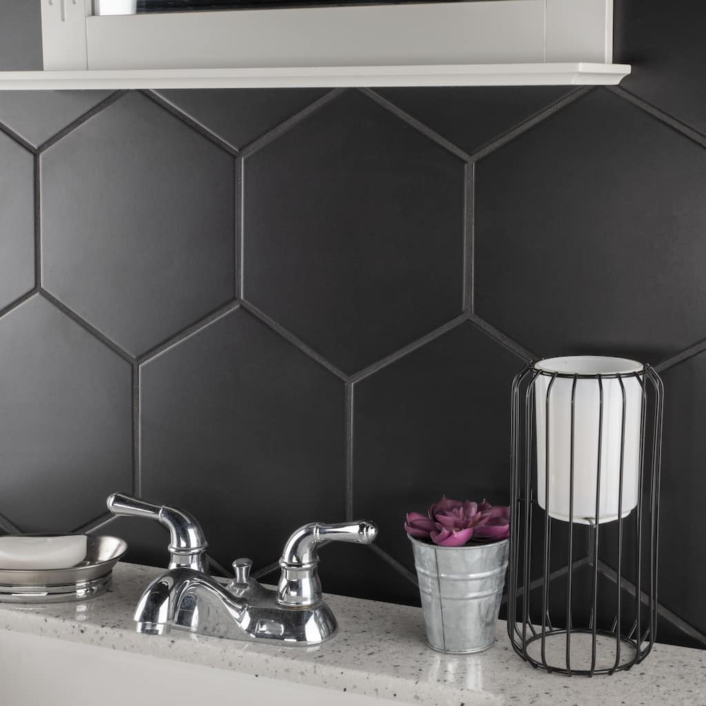 Merola Tile Textile Basic Hex Black 8-5/8" x 9-7/8" Porcelain Floor and Wall Tile