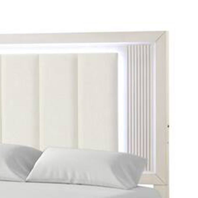 Toi Queen Bed, LED Headboard w Tufted Upholstery, Fluted Antique White