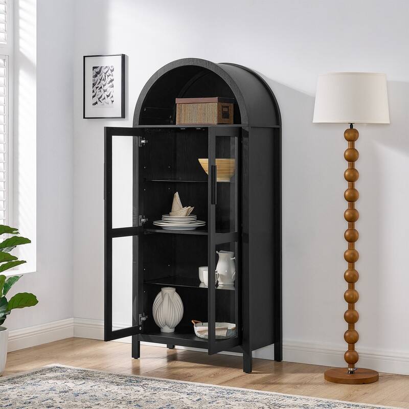 67" Tall Arched Kitchen Pantrywith a lamp,modern retro-style wooden storage cabinet with adjustable glass partitions