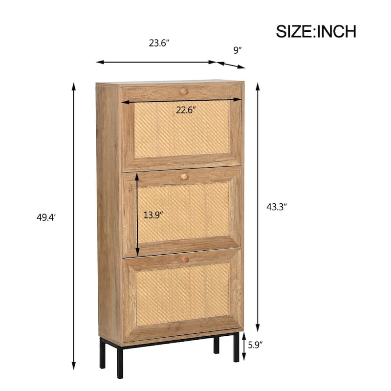 Freestanding 3 Flip Drawer Rattan Shoe Cabinet Organizer on Metal Legs - 3-Tier
