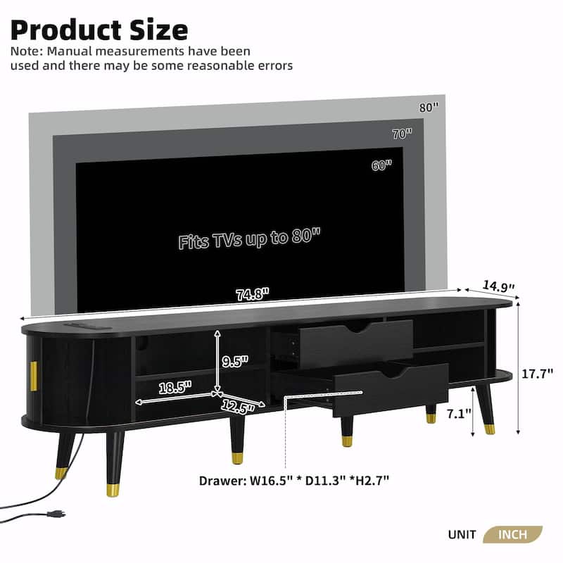 Wooden Oval Fluted TV Stand with Charging Station for TVs Up to 80"