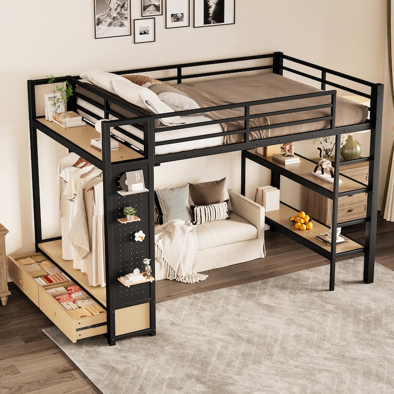Metal Loft Bed with Wardrobe and Storage Shelves