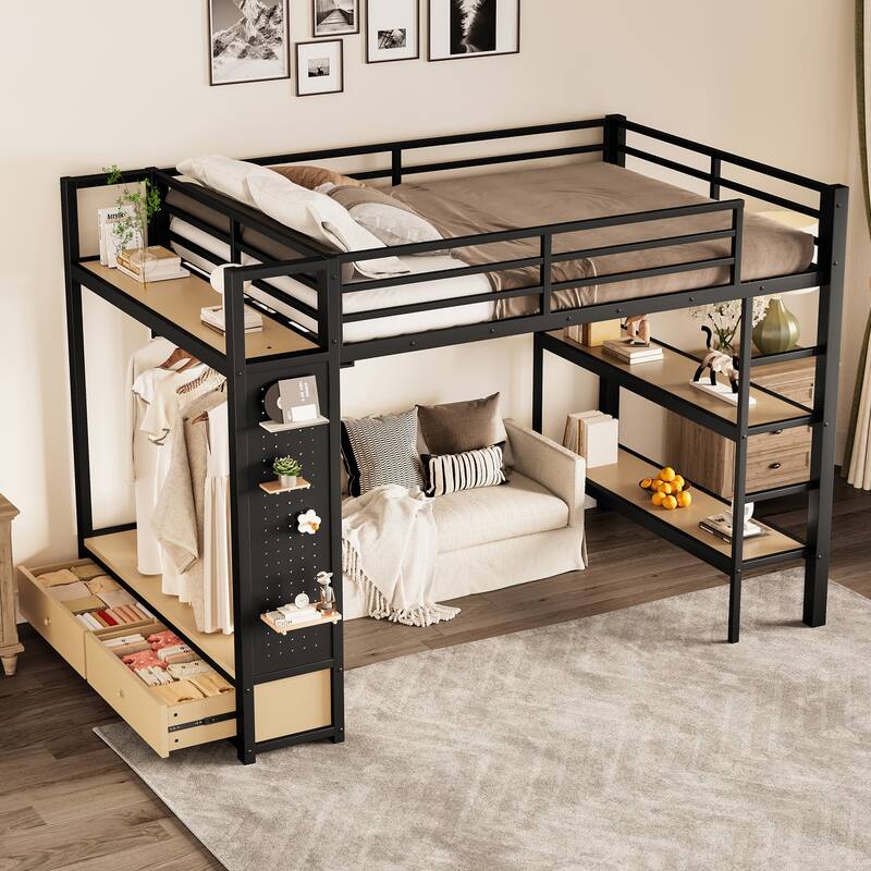 Modern Full Metal Loft Bed with Integrated Closet, Open Shelves, Pegboard and Storage Drawers, Safety Guardrails & Sturdy Ladder