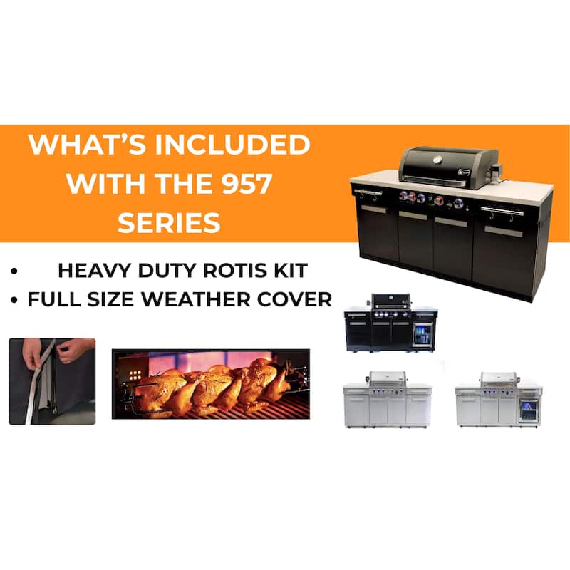 Mont Alpi Premium 70" Black Stainless Steel Outdoor Kitchen Island with Refrigerator + 32"W 4-Burner BBQ Gas Grill + Rear Burner