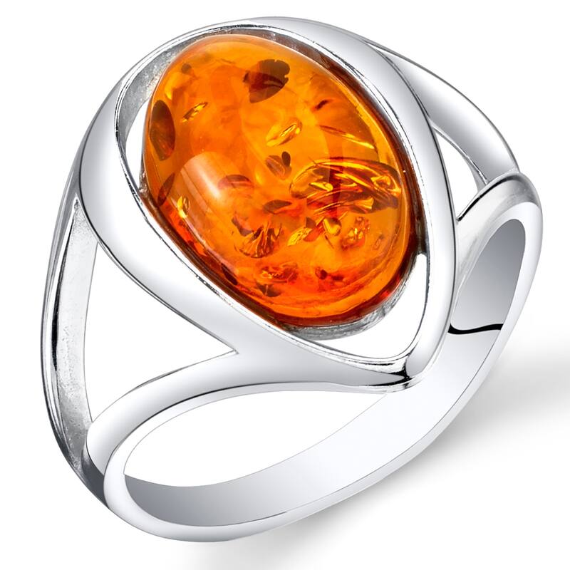 Oval Shape Amber Ring in Sterling Silver