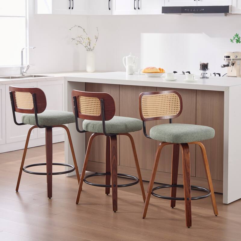 Set of 3, 26-Inch Counter Height Bar Stools - Cane Rattan Back, Linen Upholstered Seat, Swivel Design for Kitchen - Light Green