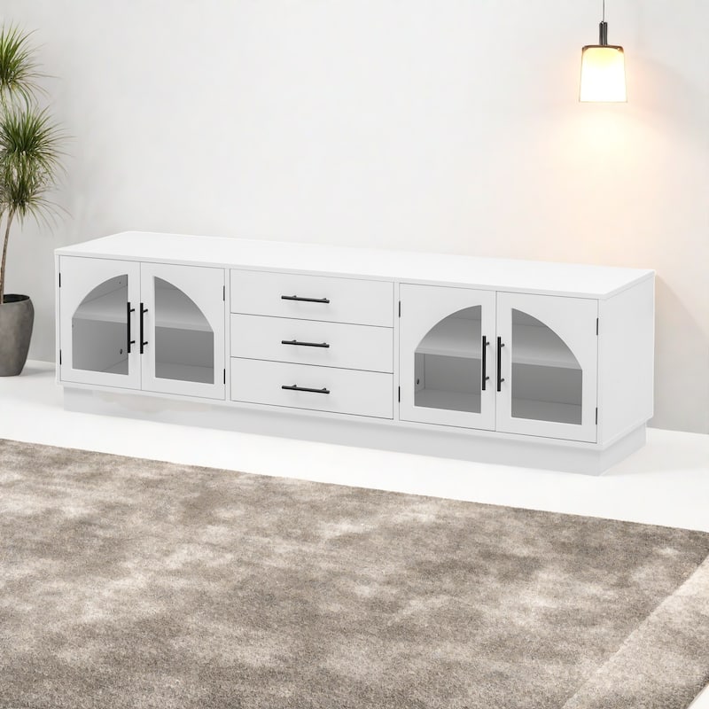 68.9"Elegant Arched Glass TV Stand with Adjustable Shelves and 3 Drawers - White