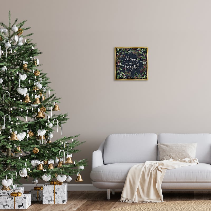 Stupell Merry & Bright with Holly Leaves Framed Floater Canvas Wall Art Design By Elizabeth Tyndall