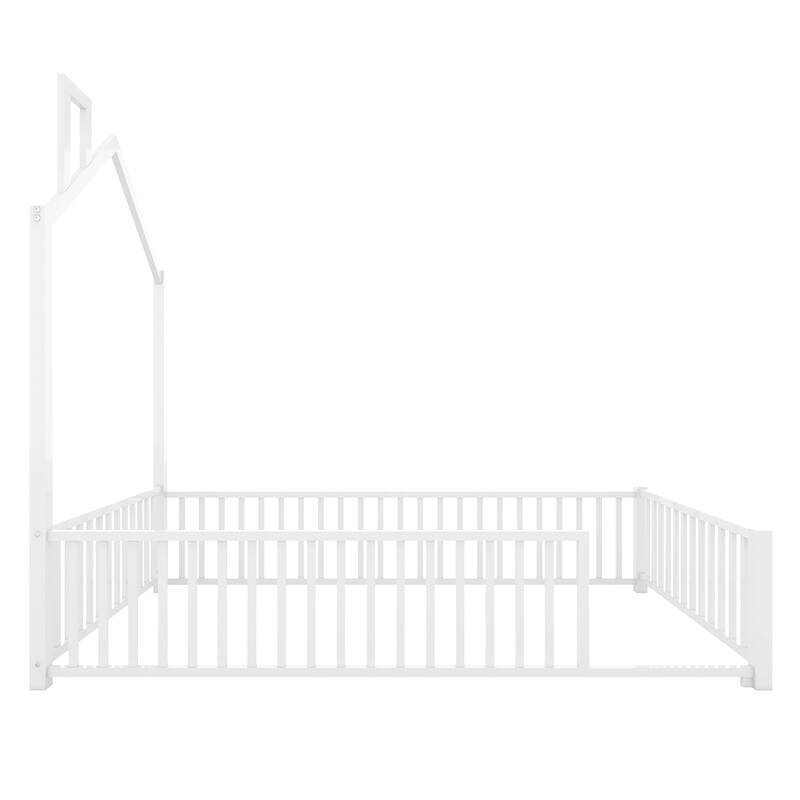 Twin Size Metal House Platform Bed with Guardrail and Chimney, White