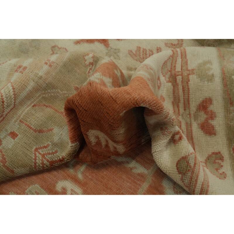 Orange Wool Floral Oushak Vegetable Dye Area Rug, Floral Geometric Carpet - 11' 9'' X 9' 0''