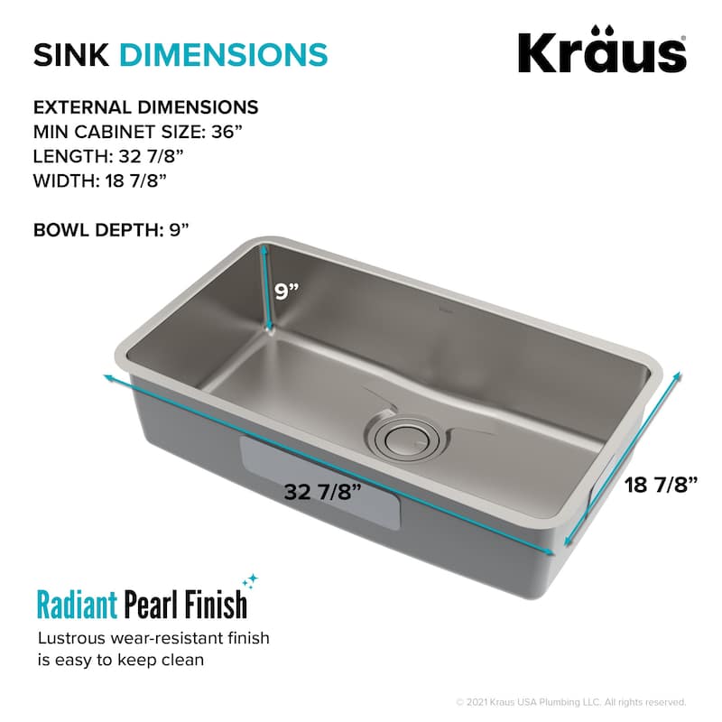 Kraus Dex 33" Single Basin 16 Gauge Stainless Steel Kitchen Sink for