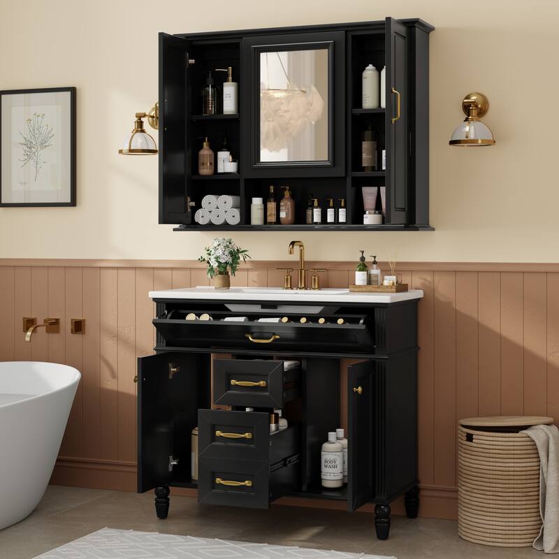 Roomfitters 36" Bathroom Vanity & Mirror Cabinet Set, Textured Solid Wood Frame, Soft-Close Doors & Tip-Out Tray