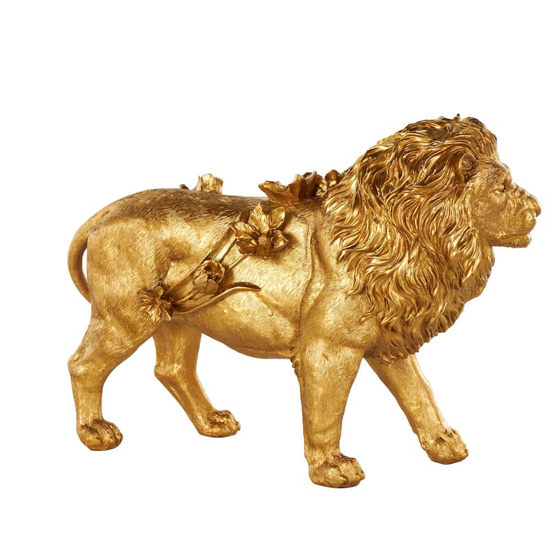 Gold Resin Walking Lion Decorative Sculpture with Floral Accents - 6"W x 18"L x 13"H