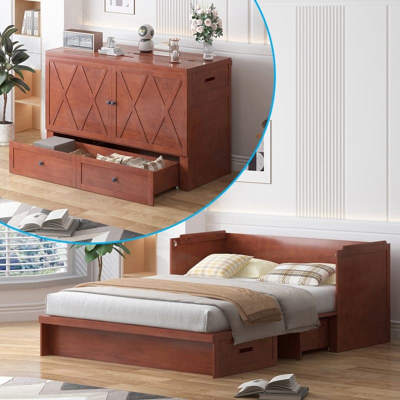 Mixoy Queen Size Murphy Bed with Charging Station & Storage Drawer,Space-Saving Design,Optional Mattress