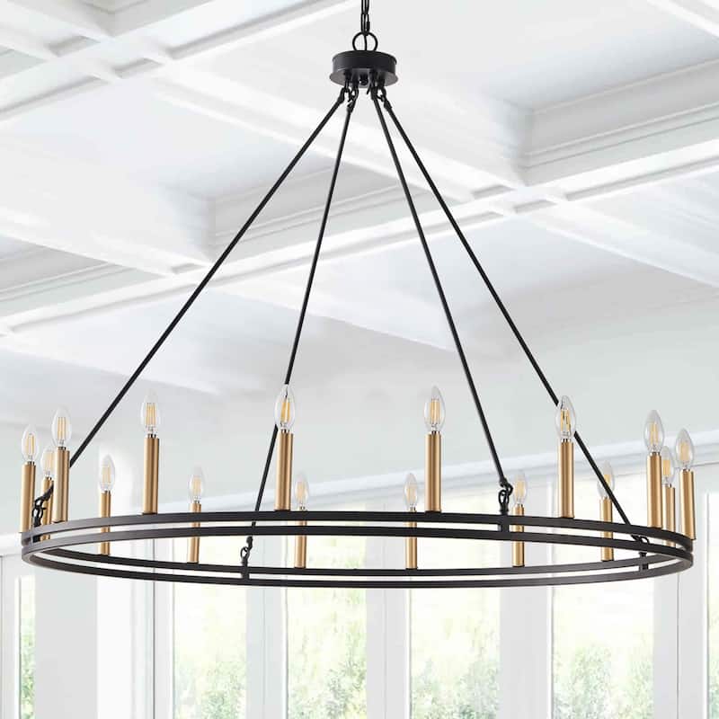16-Lights Farmhouse Rustic Wagon Wheel Chandelier - 45.3"D×4.7"W×81.1"H(Adjustable) - Black - 45.3"D×4.7"W×81.1"H(Adjustable)