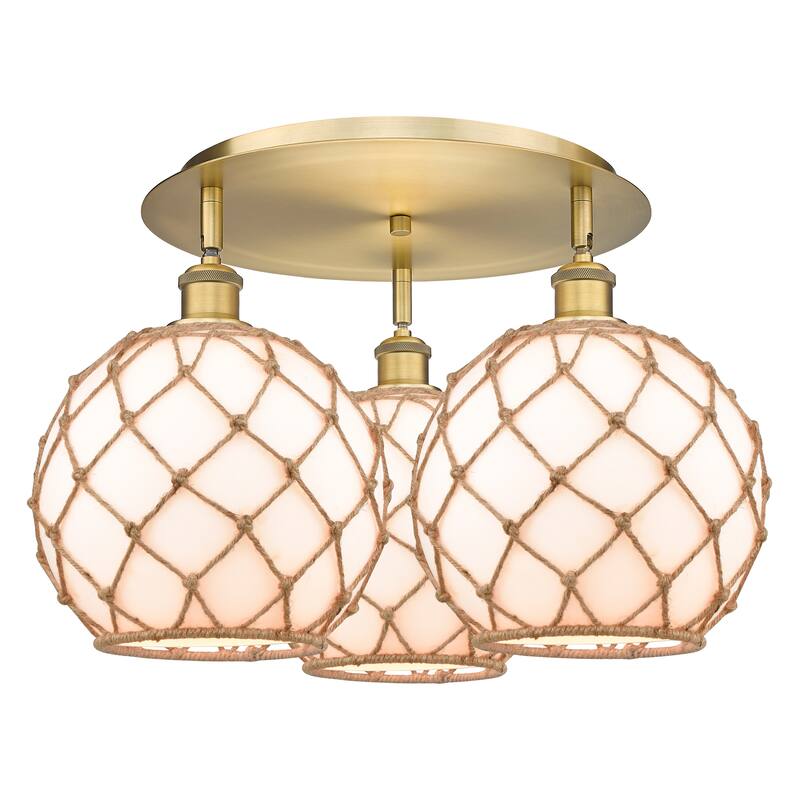 Innovations Lighting Endless Possibilities Ballston - Farmhouse Rope - 3 Light 22" Flush Mount - White Glass with Brown Rope/Brushed Brass